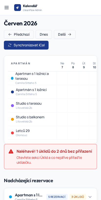 CleanFlow mobilní rozhraní – kalendář rezervací